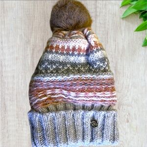 Steve Madden Fair Isle Pattern Pom Pom Beanie with Brown, Pink and Gray Stripes